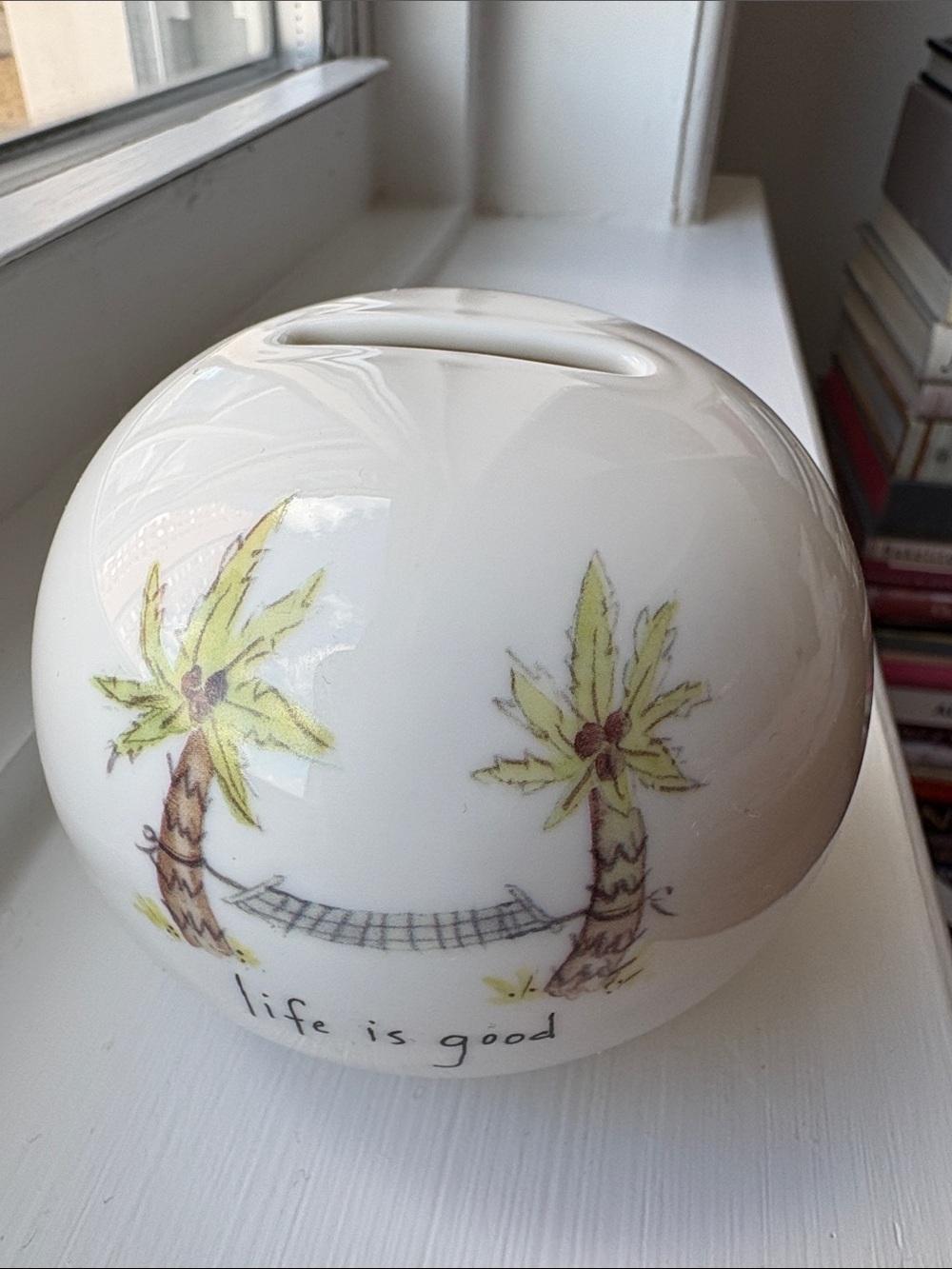 Life Is Good MINT White Ceramic Palm Tree Money Bank